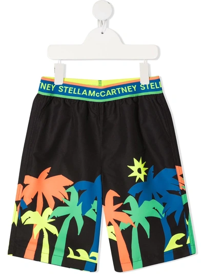 Stella Mccartney Kids' 棕树印花泳裤 In Black