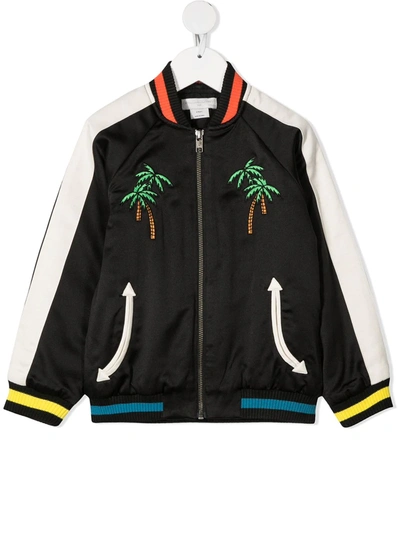 Stella Mccartney Kids' Palm Tree-embroidered Satin Bomber Jacket In Black