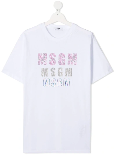 Msgm Kids' Embellished Logo T-shirt In White