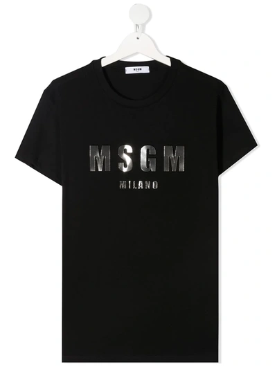 Msgm Kids' Metallic Logo Print Cotton T-shirt In Nero