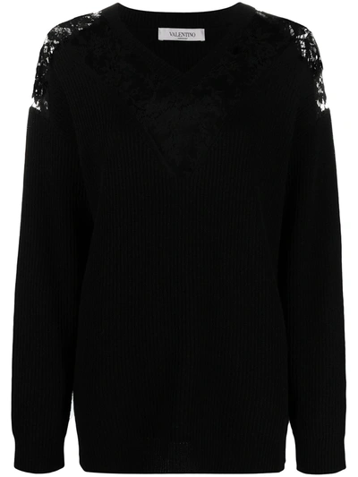 Valentino Lace-embellished V-neck Jumper In Black