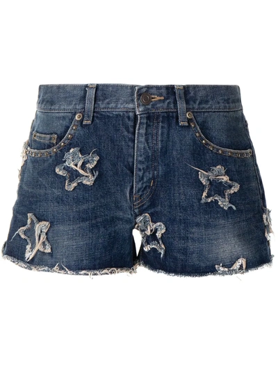 Pre-owned Saint Laurent Star Patch Denim Shorts In Blue