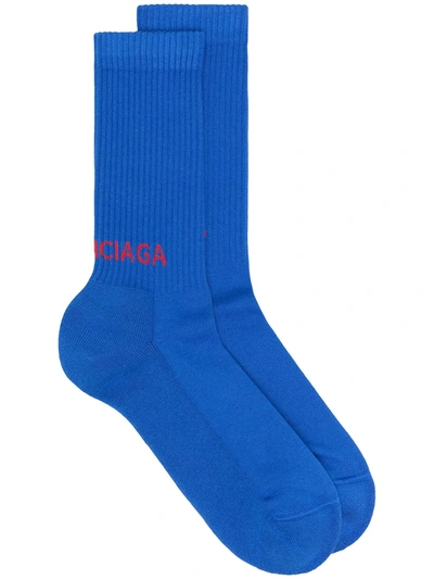 Balenciaga Logo-print Ribbed Socks In Blue Red