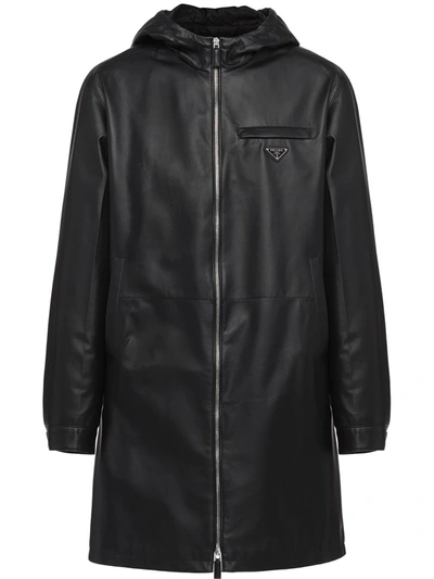 Prada Nappa Leather Hooded Coat In Black
