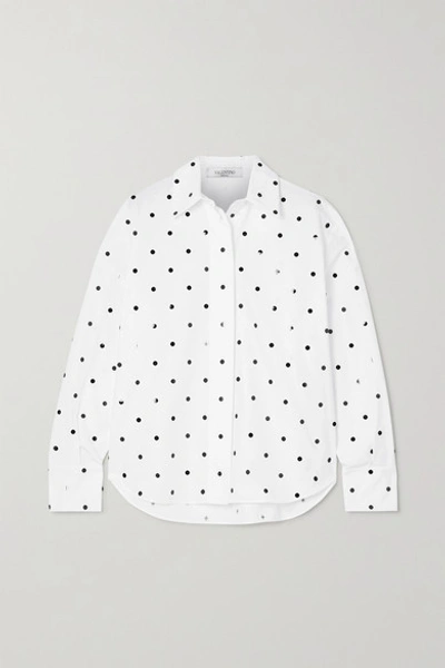 Valentino Sequin-embellished Polka-dot Cotton-poplin Shirt In White