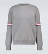 Thom Browne Tricolor Inlay Milano Stitch Cotton Sweater In Light Grey