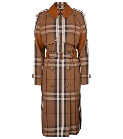 Burberry Double-breasted Checked Gabardine And Leather Trench Coat In Brown