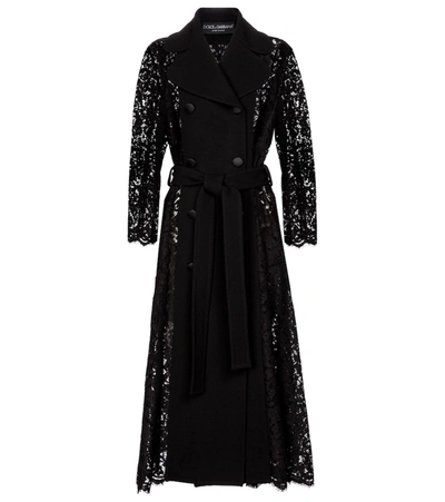 Dolce & Gabbana Long Double-breasted Cordonetto Lace Coat In Black