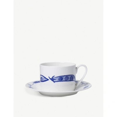 Alice Peto Pea Pod Ceramic Coffee Cup And Saucer In White And Blue
