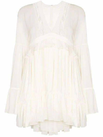 Saint Laurent Ruffled Lace-paneled Silk Crepe De Chine Mini Dress In White
