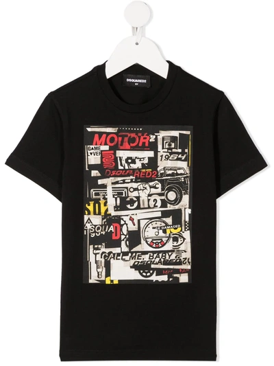 Dsquared2 Kids' Vehicle Collar-print T-shirt In Black