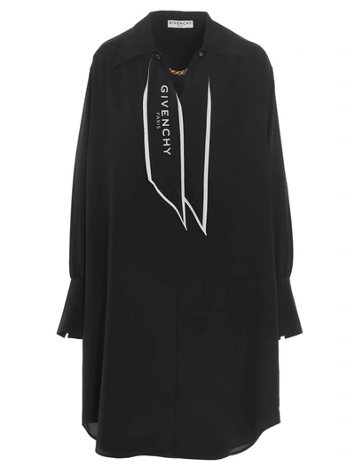 Givenchy Logo Scarf Neck Long Sleeve Silk Shirtdress In Black