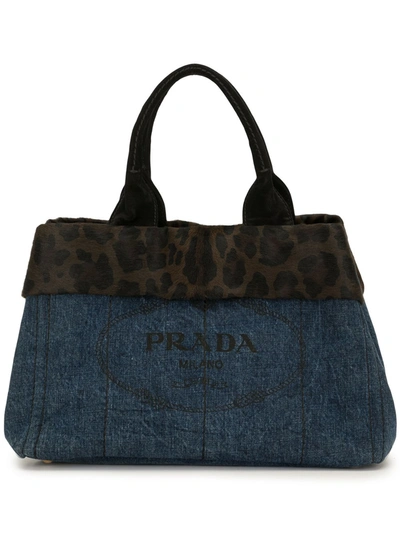 Pre-owned Prada Leopard Panel Logo Tote Bag In Blue