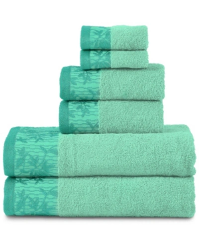 Superior Wisteria Floral Embroidered Jacquard Border Cotton 6 Piece Bath Towel Set In Turquoise