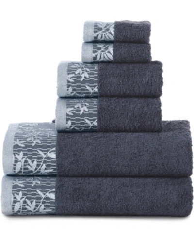 Superior Wisteria Floral Embroidered Jacquard Border Cotton 6 Piece Bath Towel Set In Navy