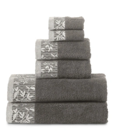 Superior Wisteria Floral Embroidered Jacquard Border Cotton Towel Set, 6 Piece In Gray