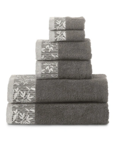 Superior Wisteria Floral Embroidered Jacquard Border Cotton 6 Piece Bath Towel Set In Gray