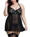 DREAMGIRL WOMEN'S PLUS SIZE VENICE EMBROIDERY LACE GARTER BABYDOLL WITH THONG