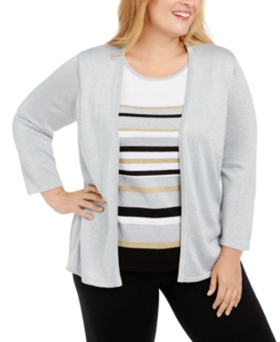 Alfred Dunner Plus Size Classics Layered-look Metallic Sweater In Silver