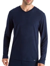 Hanro Cotton Blend Long Sleeve V Neck Tee In Deep Navy