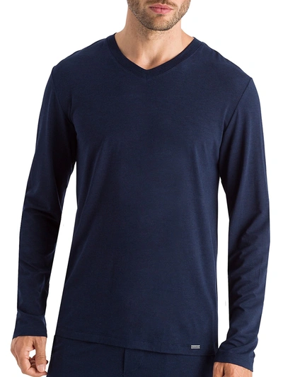 Hanro Cotton Blend Long Sleeve V Neck Tee In Deep Navy