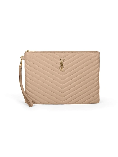 Saint Laurent Medium Monogram Matelassé Leather Wristlet In Dark Beige