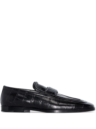 Bottega Veneta Crocodile-effect Leather Loafers In Black