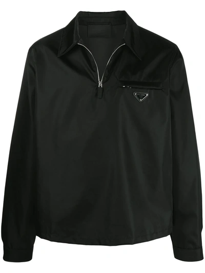 Prada Triangle Logo-plaque Quarter-zip Re-nylon Jacket In Black