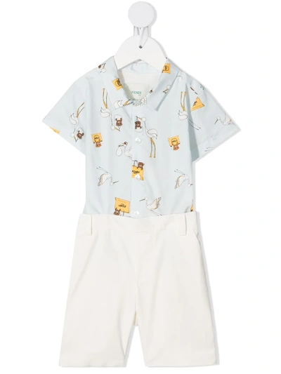 Fendi Babies' Stork Print Short Romper In Blue