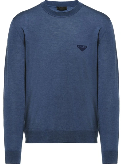 Prada Logo Intarsia Crew Neck Jumper In Blue