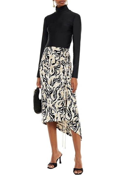 Rabanne Lace-up Ruched Metallic Chenille-jacquard Midi Skirt In Black