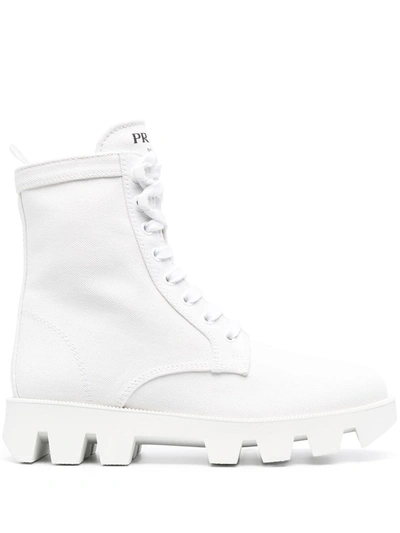Prada Lace-up Cotton Ankle Boots In White