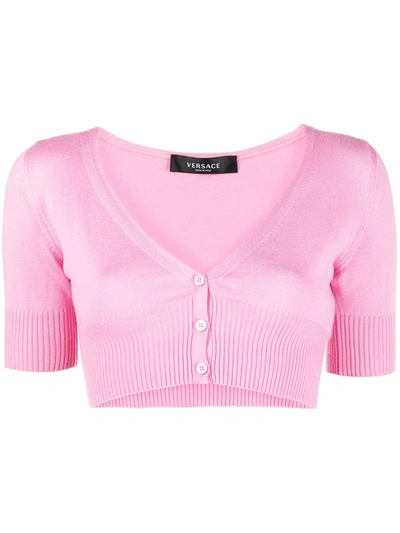 Versace Pink Silk Cropped Short Sleeve Cardigan In Fuchsia