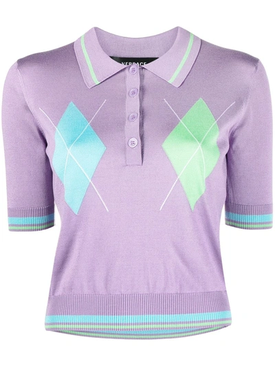 Versace Argyle-print Knitted Polo Top In Purple/blue/green