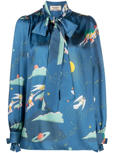 Alessandro Enriquez Graphic-print Pussy-bow Blouse In Blue