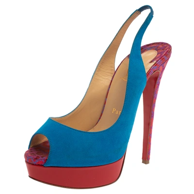 Pre-owned Christian Louboutin Blue/red Suede And Fabric Lady Peep Sling Pumps Size 37
