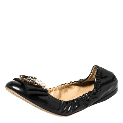 Pre-owned Dolce & Gabbana Dolce And Gabbana Black Patent Leather Crystal Embellished Bow Scrunch Ballet Flats Size 39