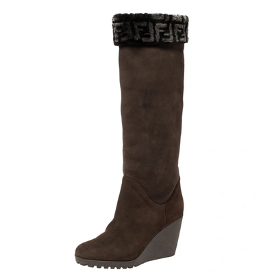 Pre-owned Fendi Brown Suede And Shearling Fur Wedge Knee High Boots Size 39