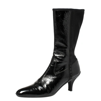 Pre-owned Prada Black Patent Leather And Fabric Mid-length Boots Size 39.5