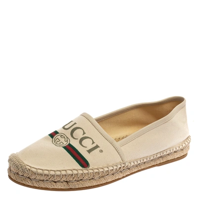 Pre-owned Gucci White Canvas And Leather Trim Logo Print Espadrilles Size 38.5