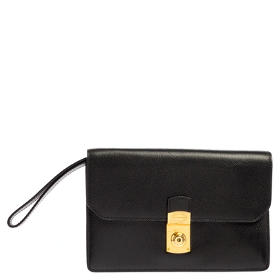 Pre-owned Givenchy Black Grained Leather Lock Flap Wristlet Clutch
