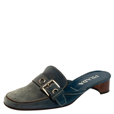 Pre-owned Prada Blue Denim Buckle Mule Sandals Size 38.5