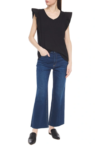 7 For All Mankind Ruffled Poplin-trimmed Cotton And Modal-blend Top In Black