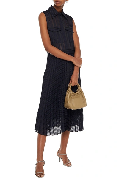 Victoria Beckham Pleated Gauze-jacquard Midi Shirt Dress In Midnight Blue