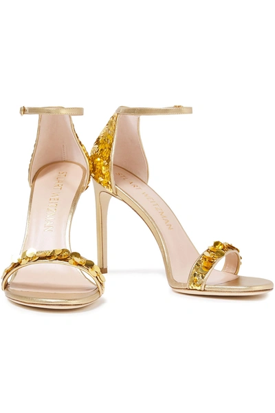 Stuart Weitzman Embellished Metallic Silk-satin And Leather Sandals In Gold