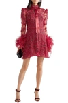 ZUHAIR MURAD BELLE EPOQUE FEATHER-TRIMMED EMBELLISHED LACE AND TULLE MINI DRESS,3074457345621794531