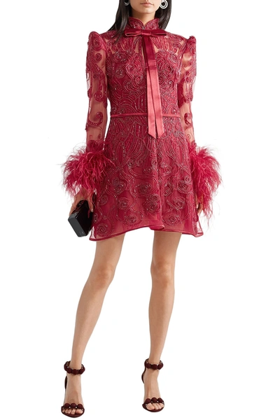 Zuhair Murad Belle Epoque Feather-trimmed Embellished Lace And Tulle Mini Dress In Claret