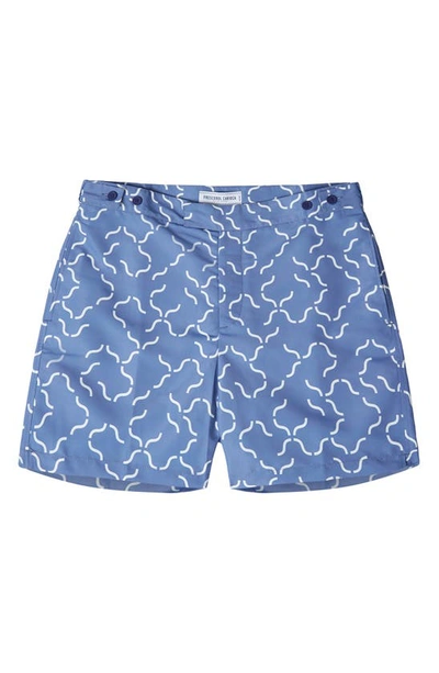 Frescobol Carioca Tile-print Technical-shell Swim Shorts In Slate Blue Off-white