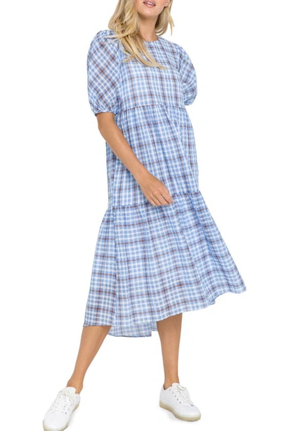 English Factory Check Tiered Midi Dress In Blue