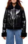 TOPSHOP FAUX LEATHER BIKER JACKET WITH FAUX FUR TRIM,11A23TBLK